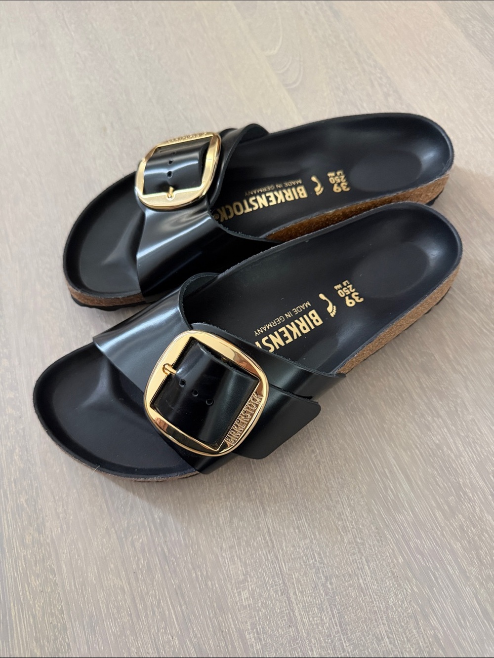 Birkenstock Black Patent Madrid Slides with Gold Buckles - Picture 2 of 8